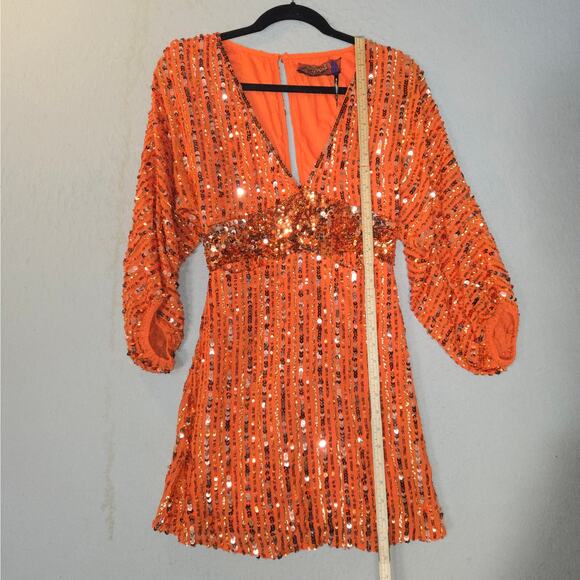 Free People Women XS Mini dress Celeste Orange Sequin Stars Celestial Event Prom - Picture 7 of 15